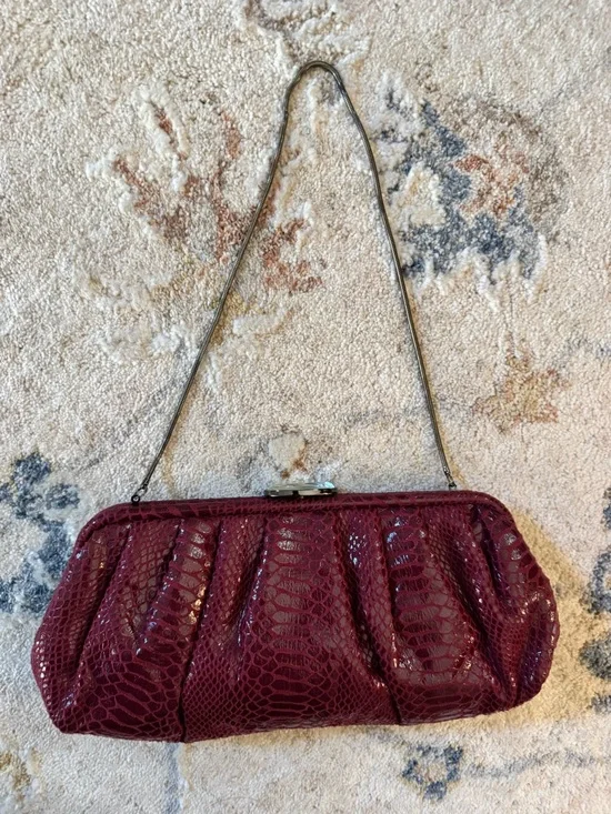 Kate Landry Wine Red Snake-Texture Evening Clutch with Chain Strap - Picture 1 of 13